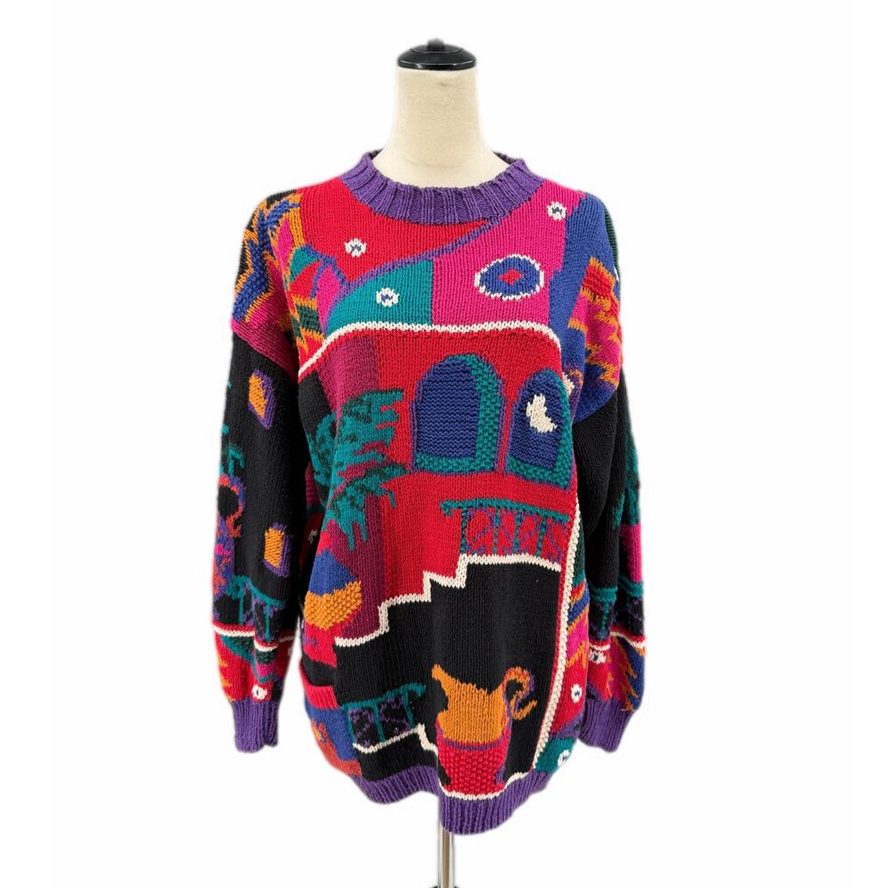 Vintage Le Moda Hand Knit Crew Neck Cotton 80s 90s Retro Colorful Bold Sweater